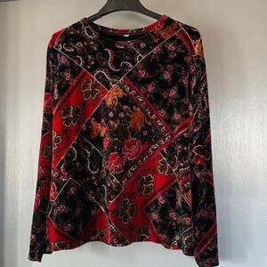 Boho Women's Pullover Stretchy Velour Top Long Sleeves Metallic Accents sz L